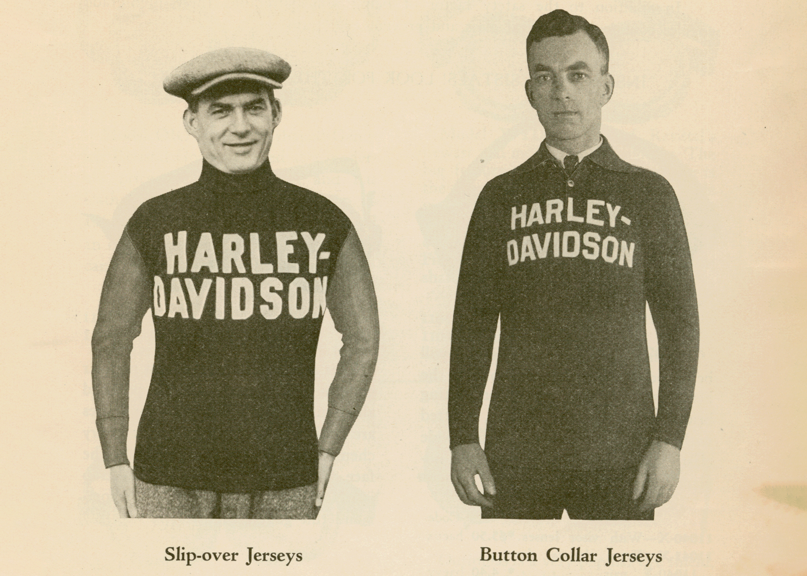 Two men pose in catalog-style photographs in H-D sweaters or jerseys