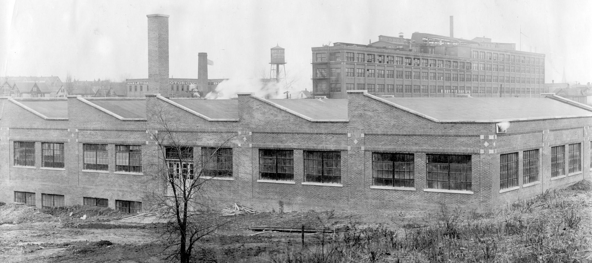 A brick manufacturing campus from across a field