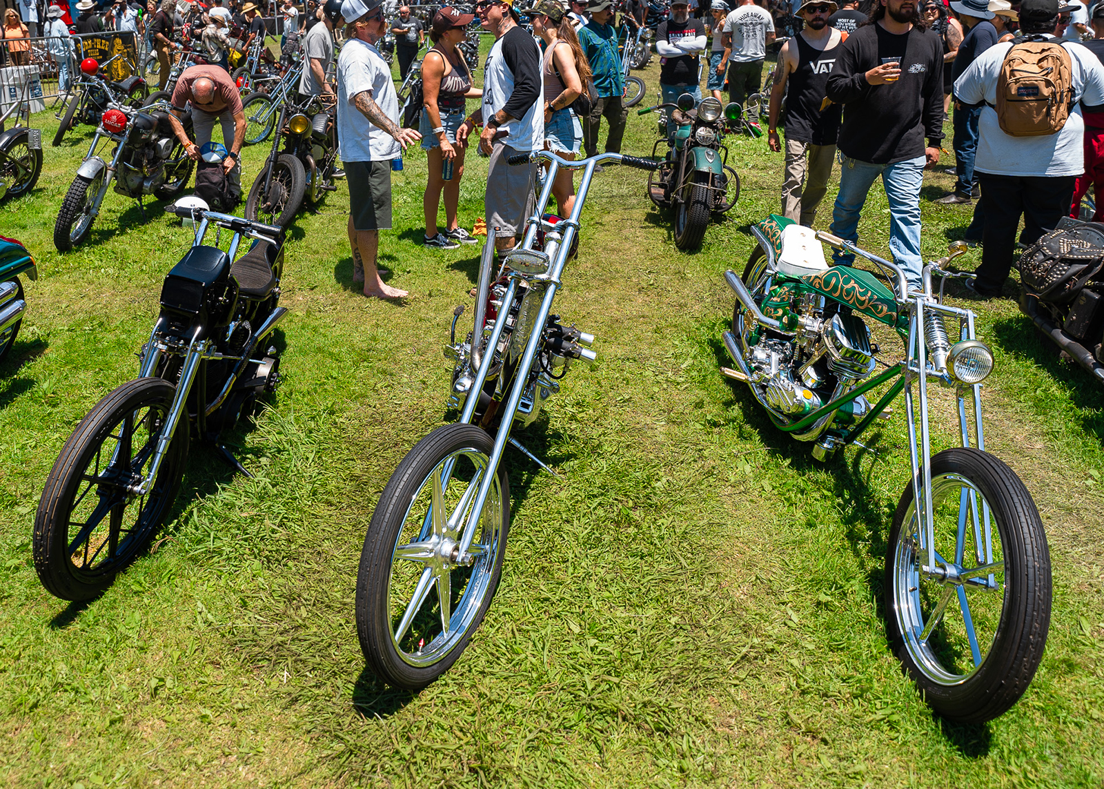 Three custom choppers, one with a black frame, one chrome and red, and one green and gold, parked on the grass with dozens of other bikes around in the back.