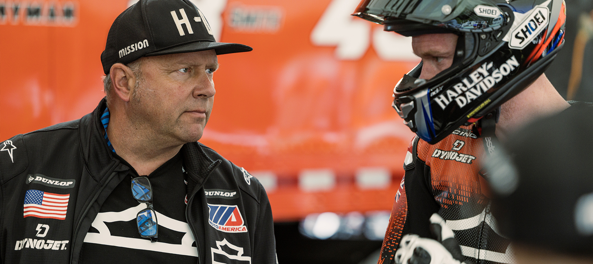 Harley-Davidson Factory Racing Race Engineer Wes Orloff talks with Racer Bradley Smith in downtime at the track.