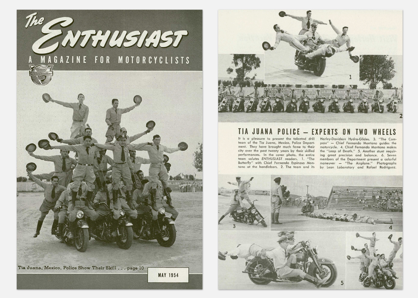 Cover and spread of the May 1954 issue of The Enthusiast Magazine showing uniformed riders performing acrobatic stunts on motorcycles.