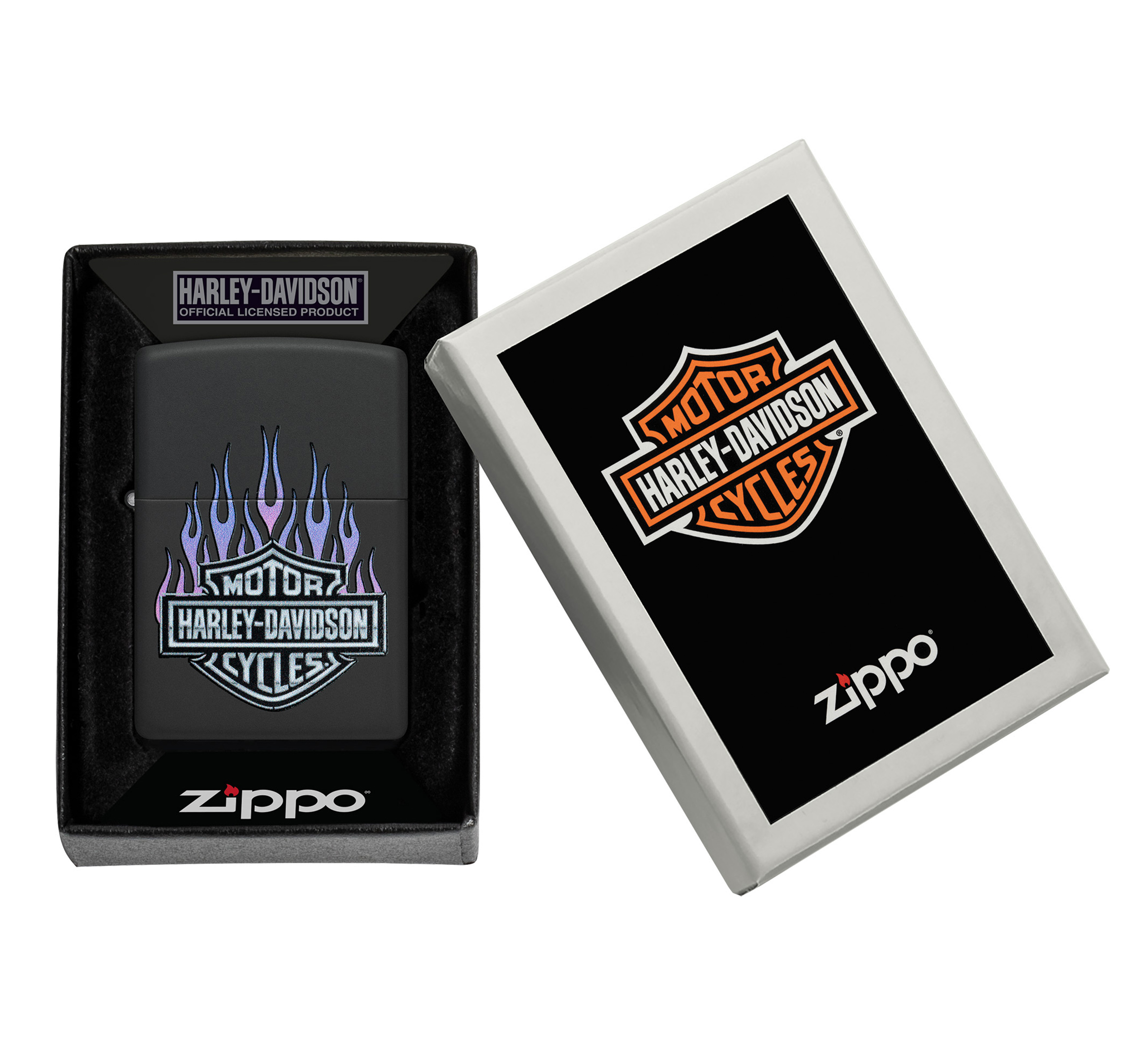 Harley-Davidson® Bar and Shield Logo with Flames Color Image Black Matte Windproof Lighter