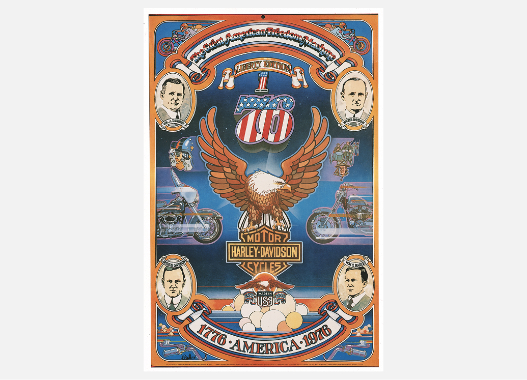 Color poster with an eagle, shield, and motorcycles arranged in a decorative patriotic Harley‑Davidson design