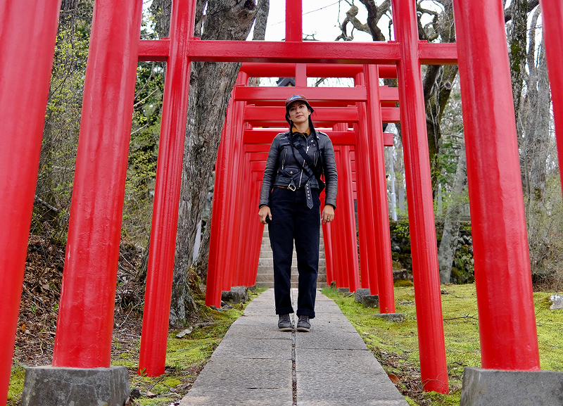 Adri Law standing beneath a series of bright red torii gates forming a pathway lined with trees and filtered light