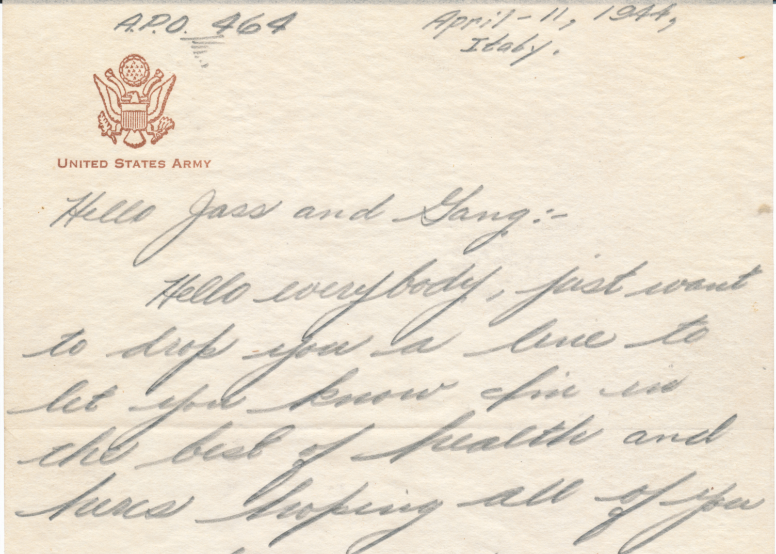 A hand-written letter from a soldier stationed in Italy