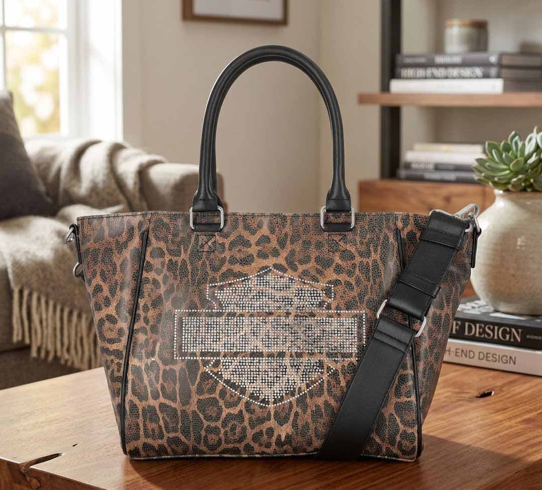Leopard Rhinestone Satchel Bag sitting on picnic table