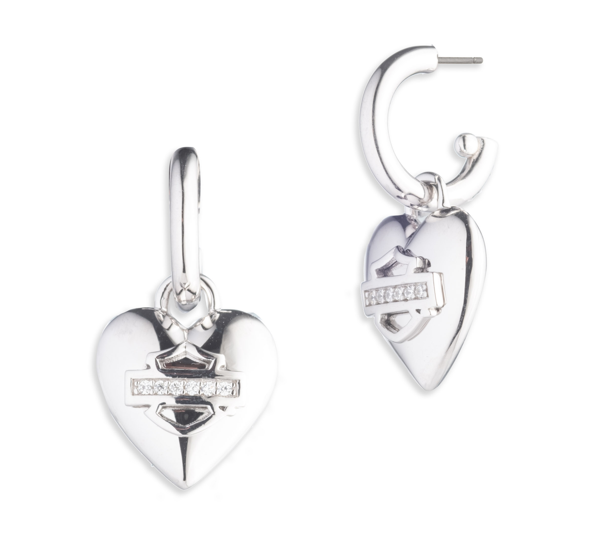 Women's Sterling Silver Pave Bar & Shield Heart Charm Hoop Earrings