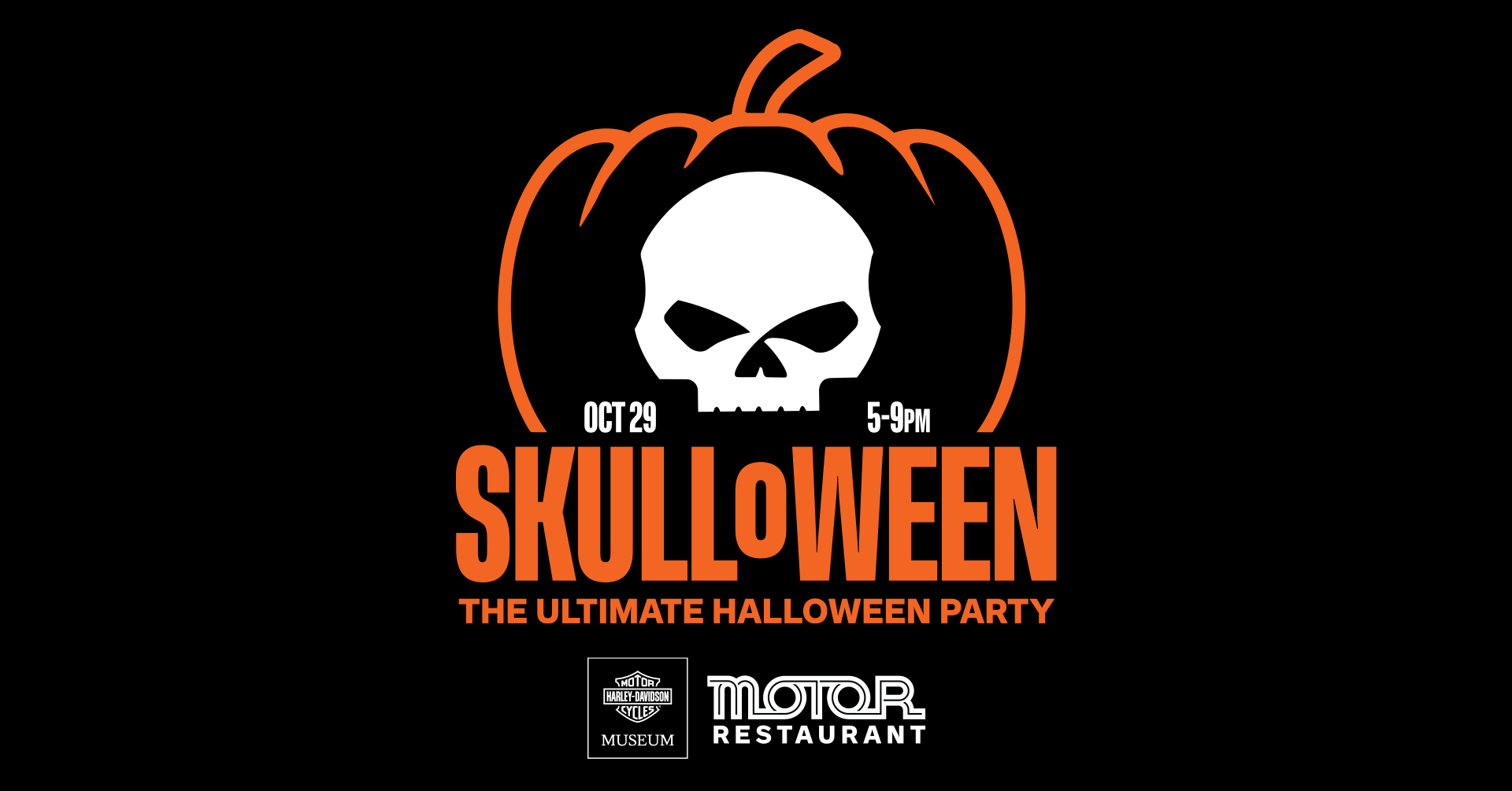 Skulloween Halloween party event graphic featuring skull pumpkin logo