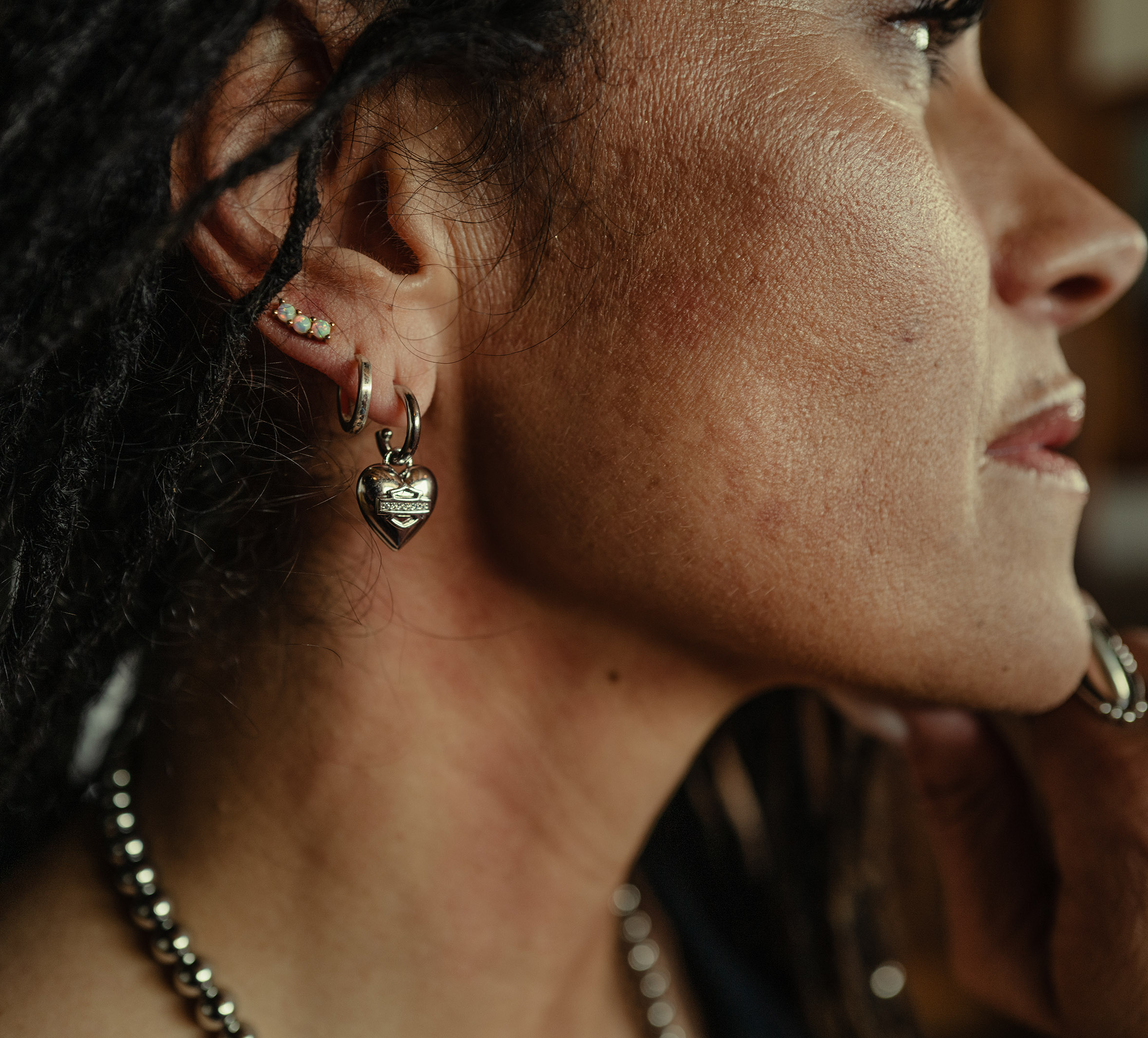 Women's Sterling Silver Pave Bar & Shield Heart Charm Hoop Earrings