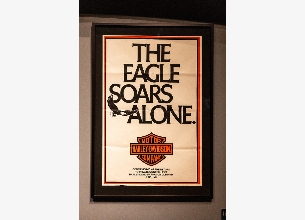 Framed “The Eagle Soars Alone” poster commemorating Harley-Davidson’s return to independence