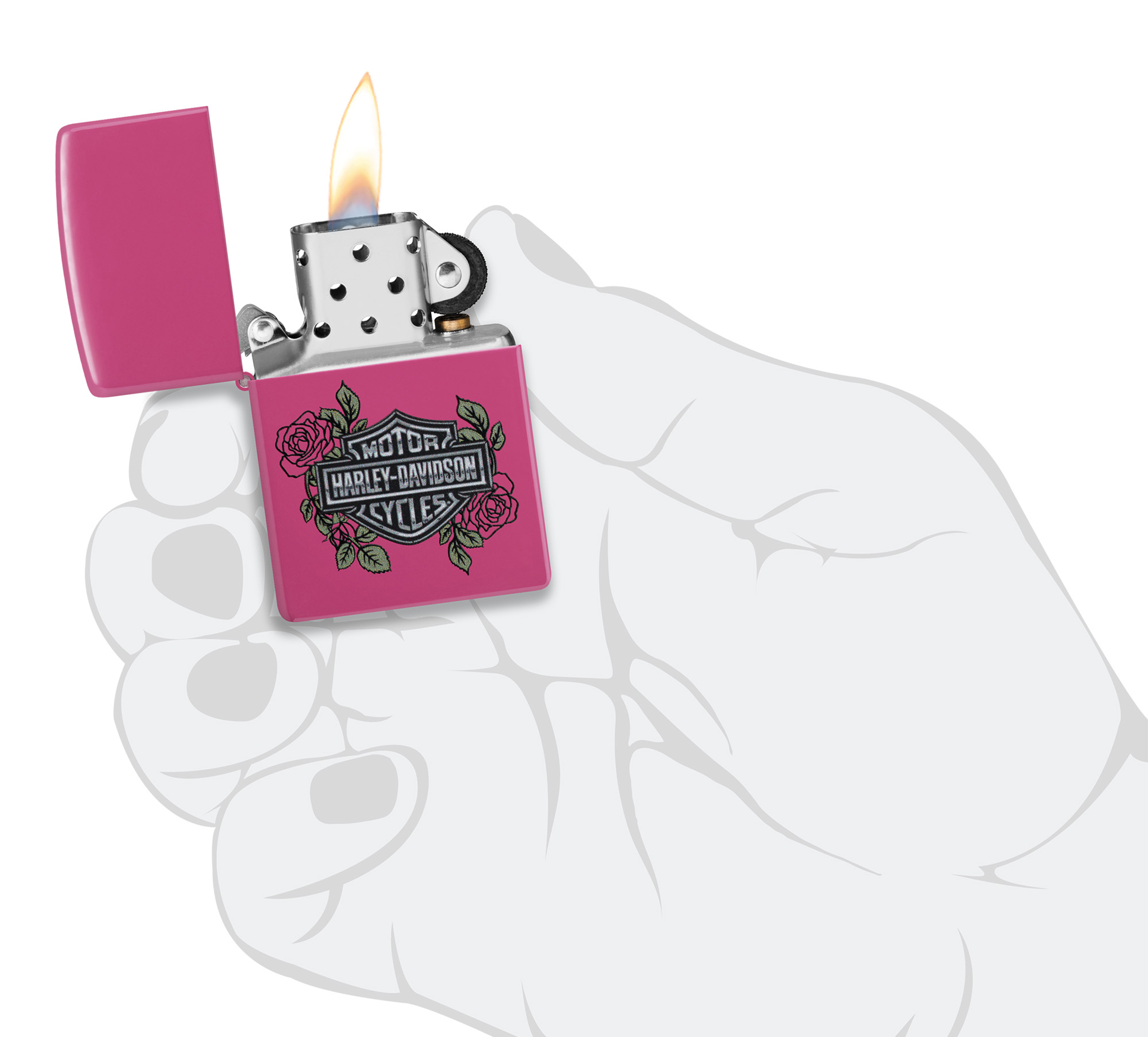 Harley-Davidson® Bar and Shield Logo with Roses Color Image Pink Matte Windproof Lighter