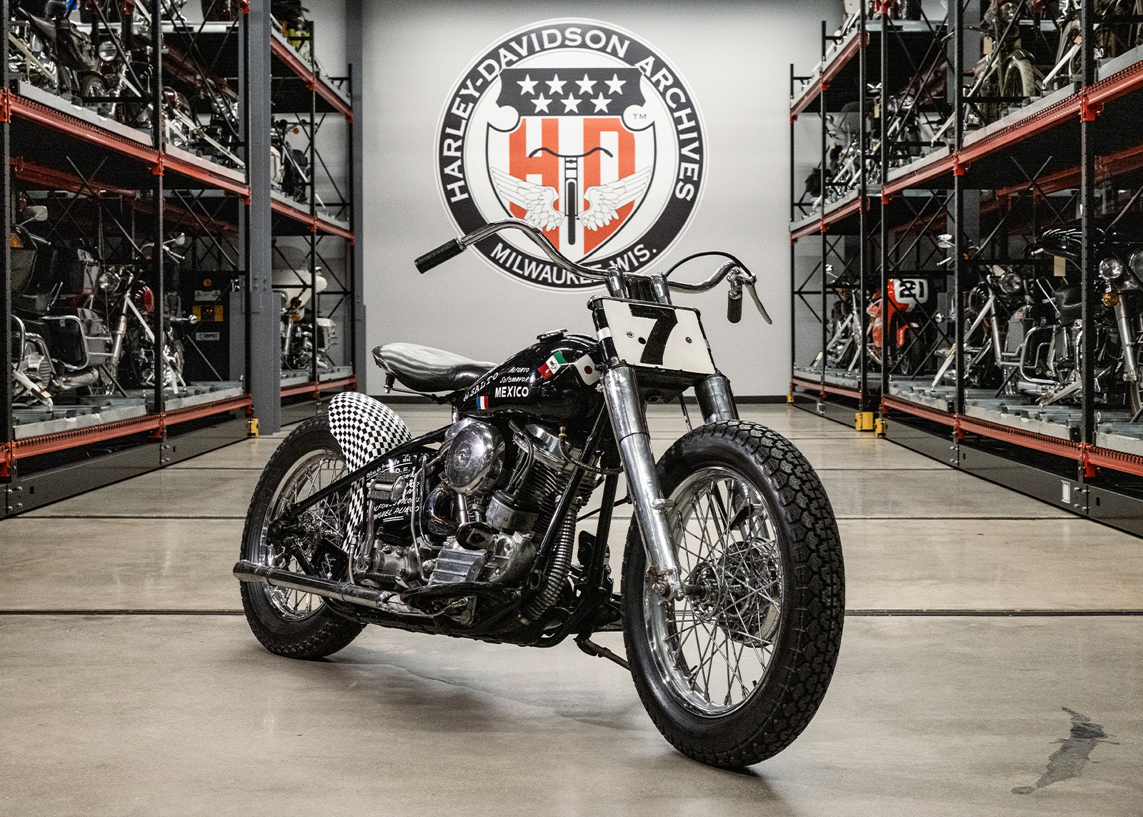 Alfonso Sotomayor’s 1957 Harley-Davidson FL on display in the H-D museum archives.