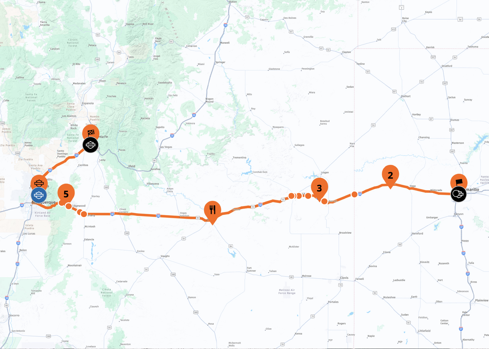 Topographic map from Harley-Davidson Ride Planner showing the route taken in the article