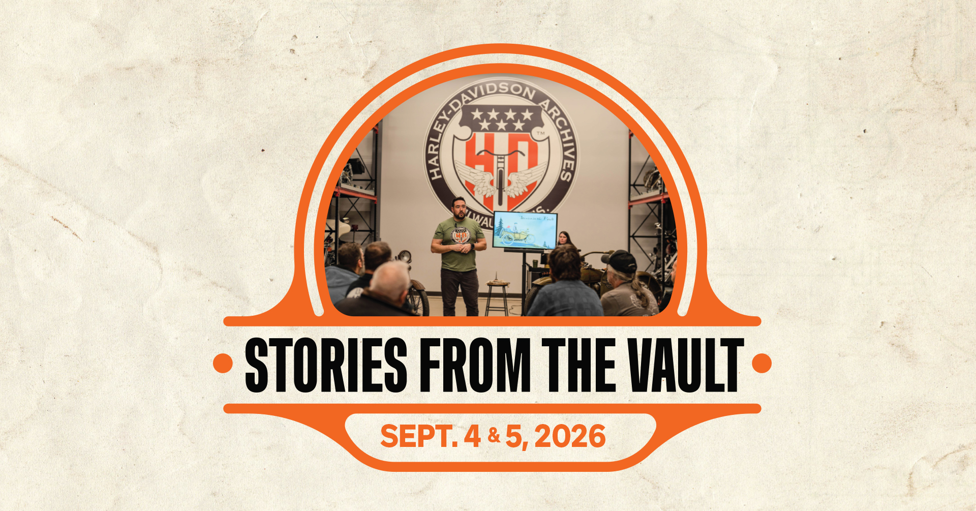 Stories From the Vault event graphic with speaker presentation at Harley-Davidson Museum Archives