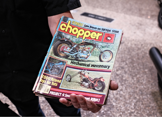 Person holding a vintage copy of Chopper magazine from April 1979 with the cover article titled Mechanical Mercenary