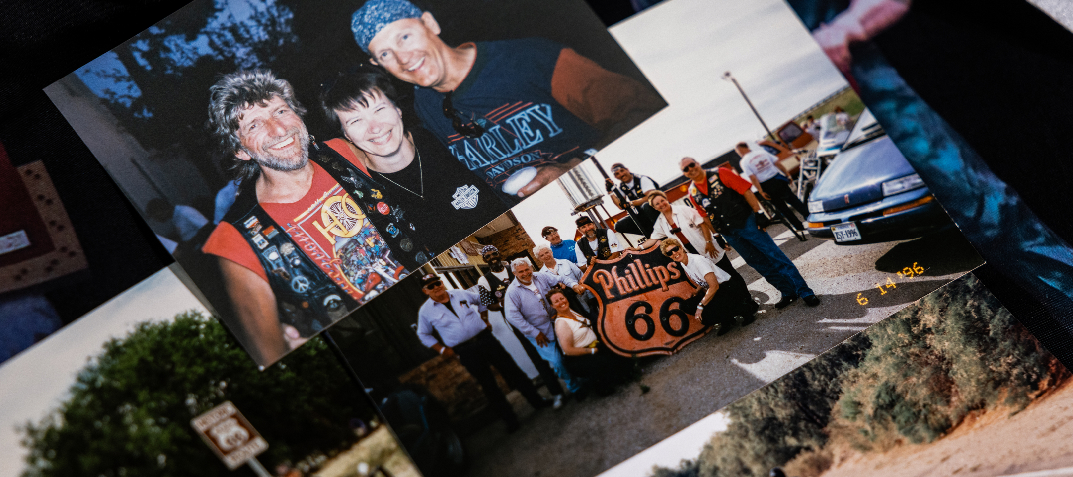 Collection of old photographs showing group snapshots, including a Phillips 66 landmark and roadside scenes