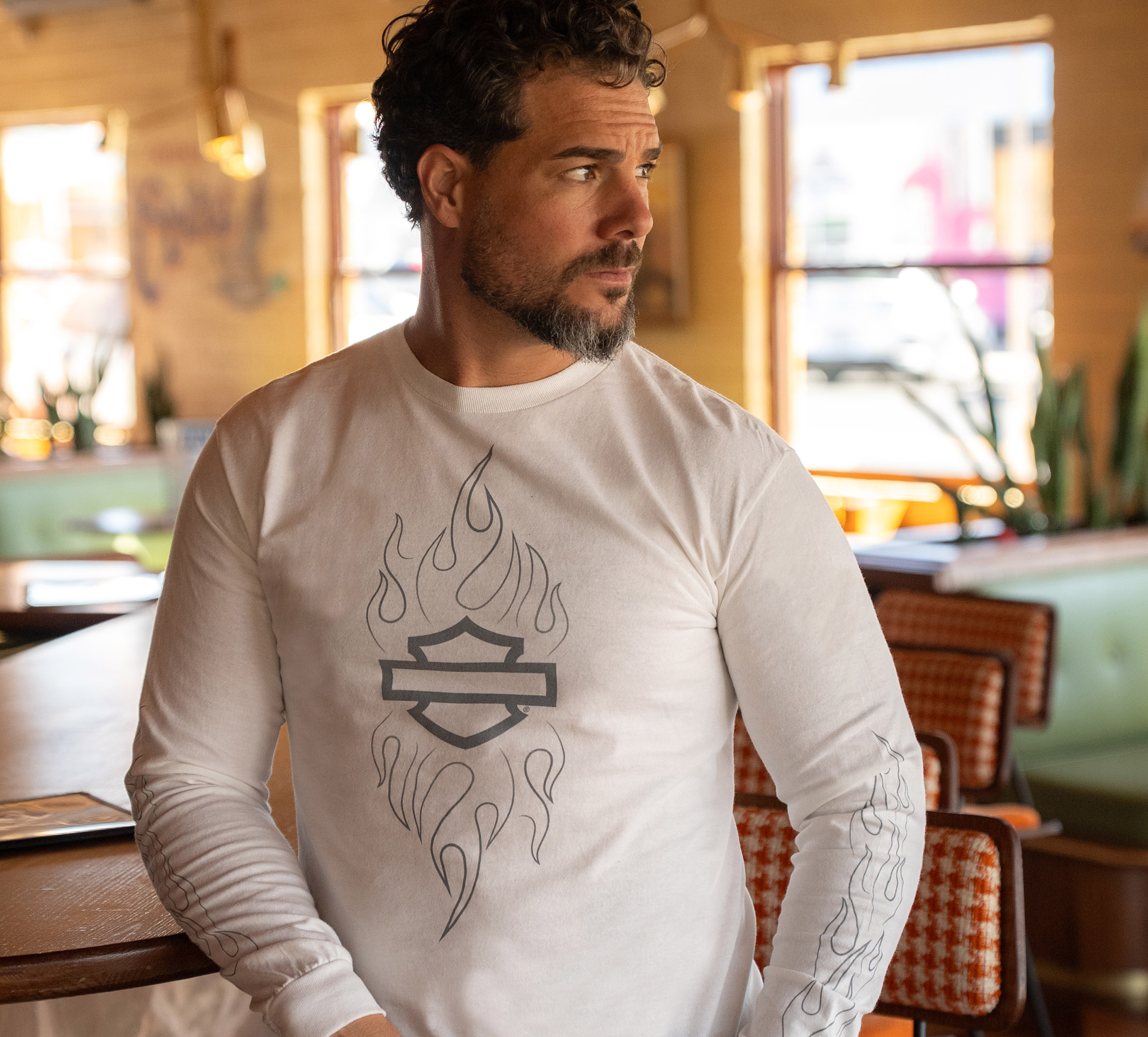Men's Open Bar & Shield Flames Long Sleeve Tee | Harley-Davidson USA