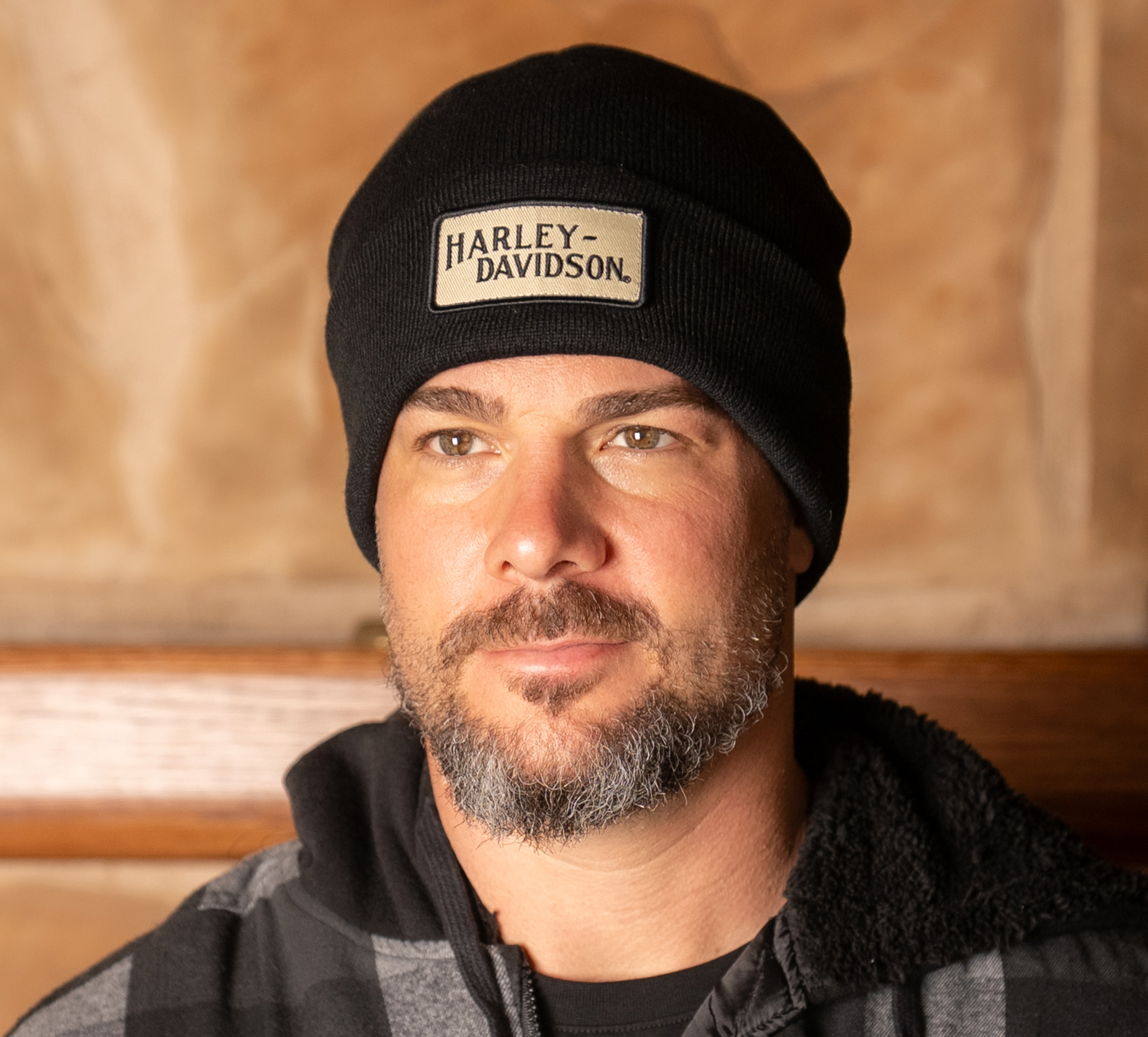 H-D Font Cream Patch Knit Beanie