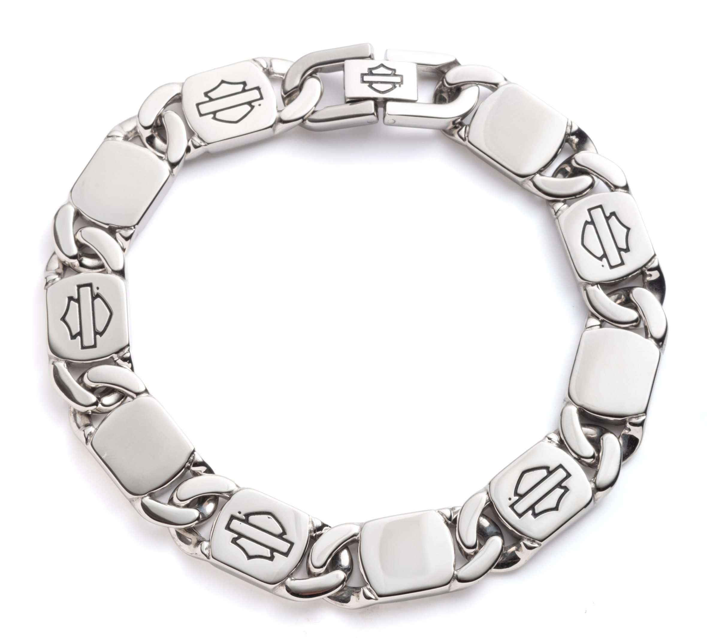 Men's Bar & Shield Engraved Flat Curb Chain Flex Bracelet | Harley