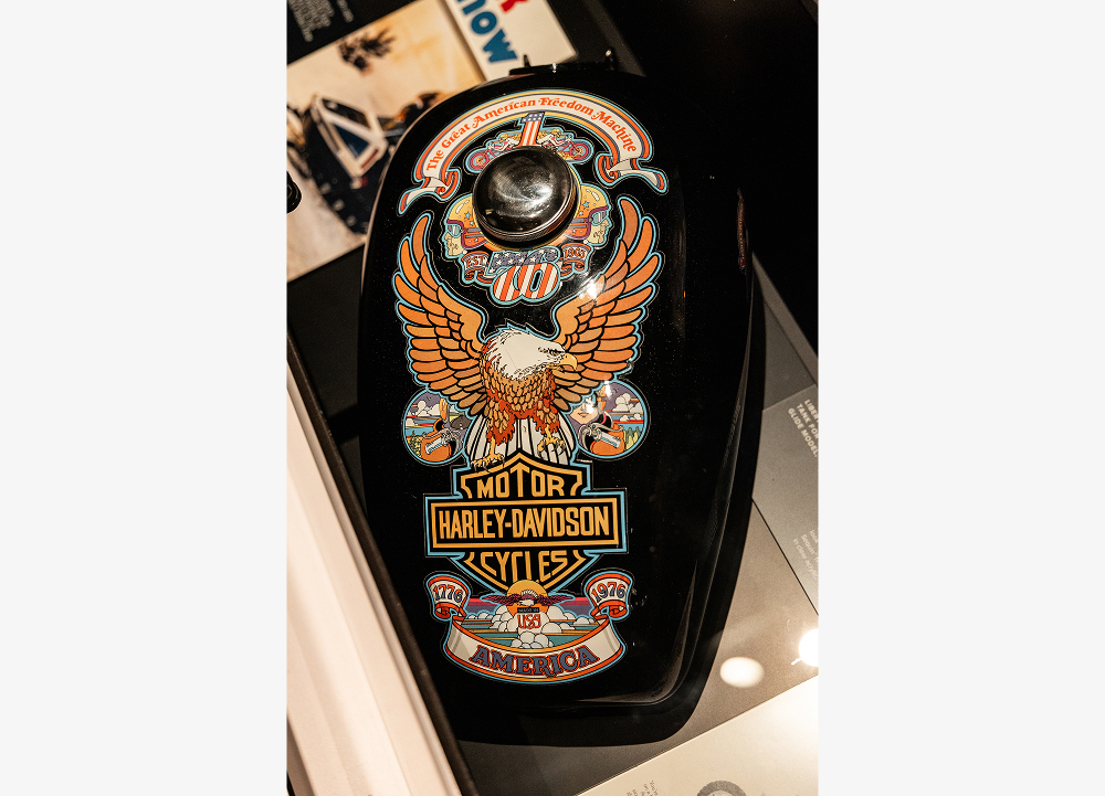 Harley-Davidson fuel tank with Bicentennial eagle, Number One logo, and Bar & Shield graphic artwork