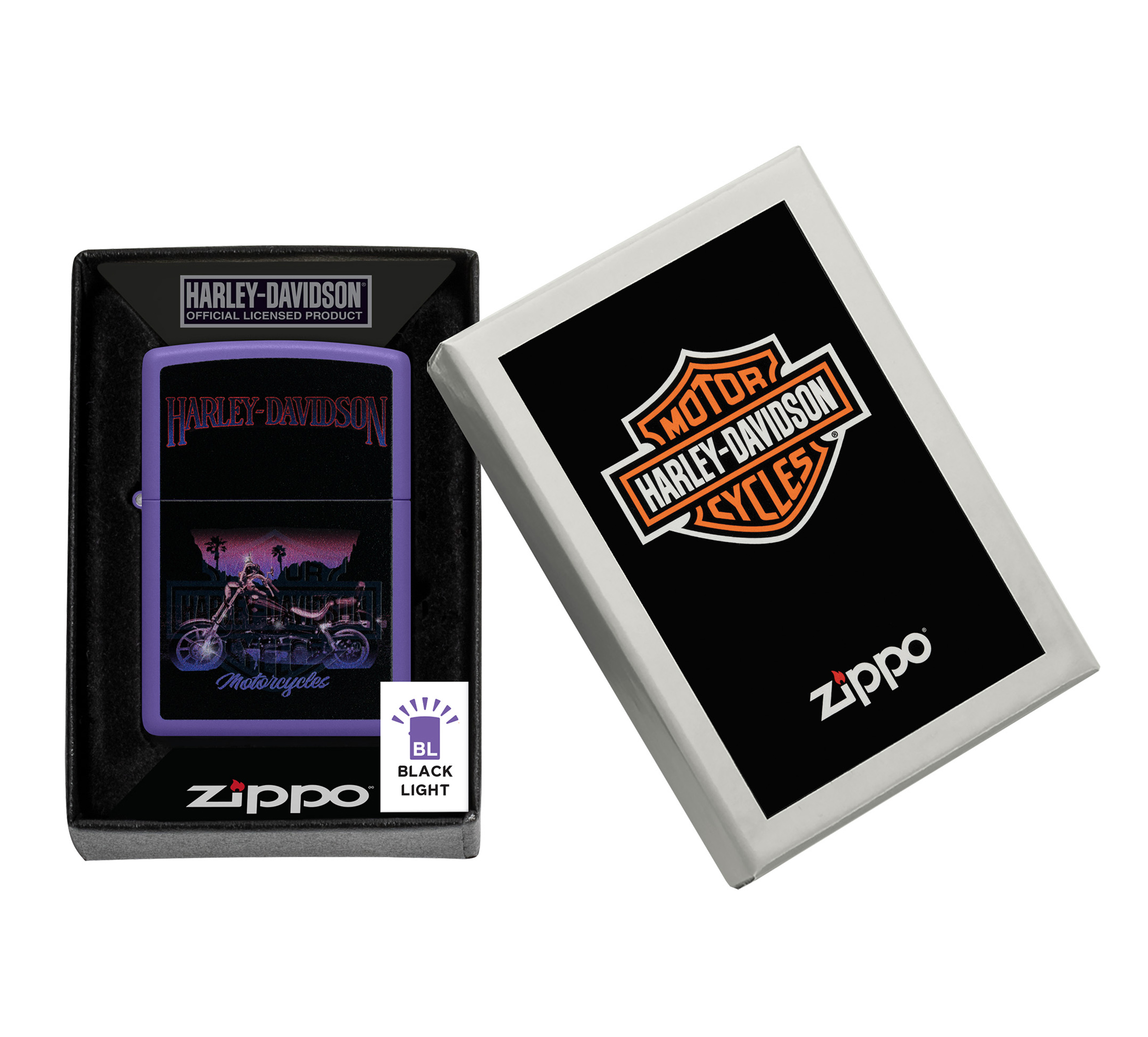 Harley-Davidson® Black Light Logo Reveal Purple Matte Windproof Lighter