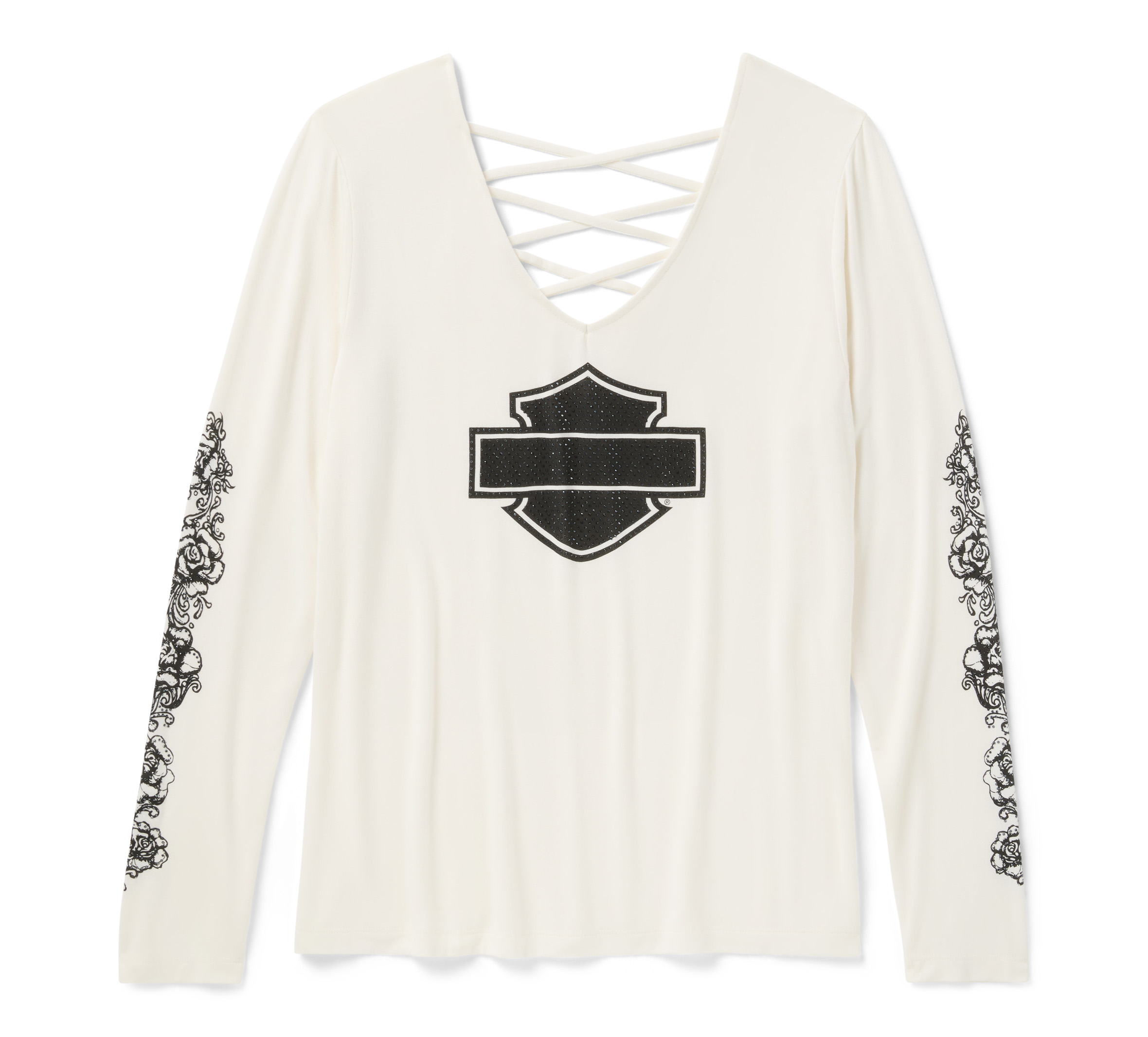Women's Bling Chrome & Roses Long Sleeve Laced Back V Neck Tee
