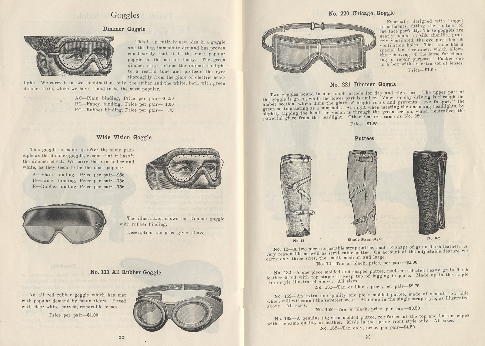 Vintage Harley-Davidson catalog pages featuring various motorcycle goggles, leather puttees, descriptions, and prices.