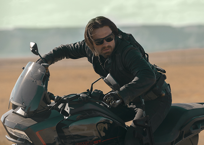 Actor Sebastian Stan rides a Pan America 1250 ST in the Thundebolts movie