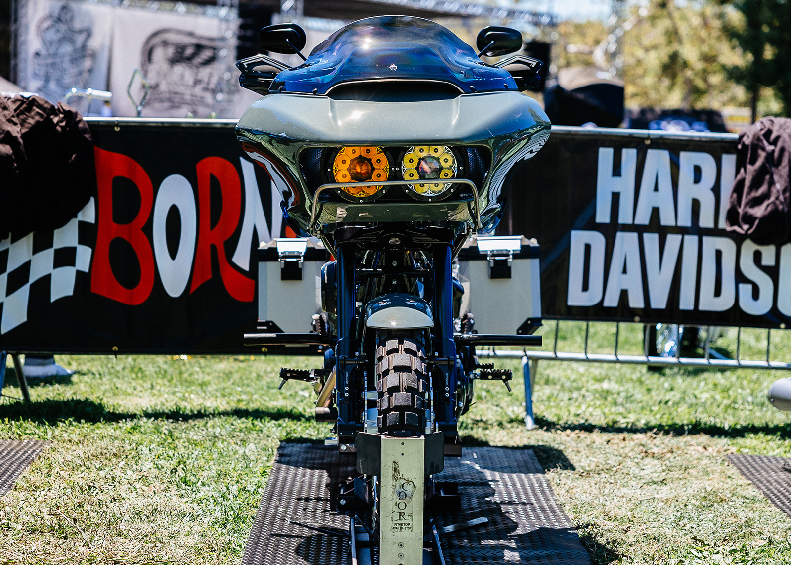  A custom motorcycle built by Laidlaw’s Harley-Davidson, the Laidlaw Overglide, seen straight from the front, on display at the Born Free motorcycle show.