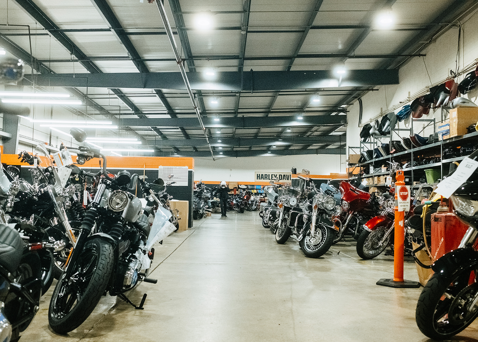 A wide shot of the service department at White Lightning Harley-Davidson.