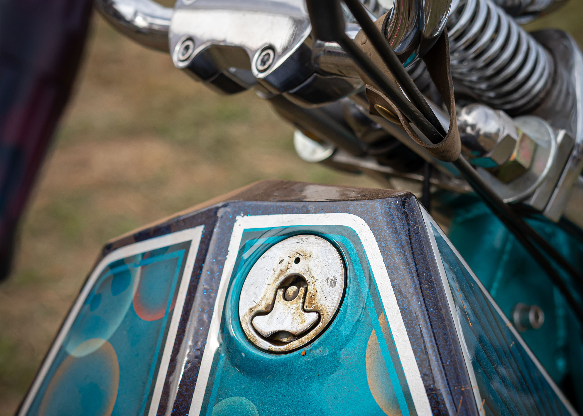 Close up of the front of a blue tank