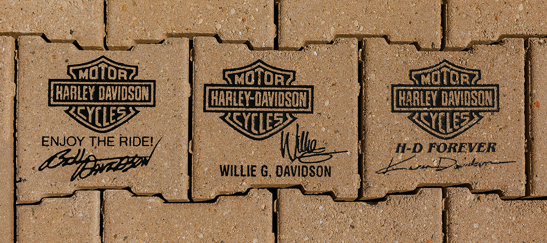 Harley-Davidson engraved donor bricks with signatures and logos