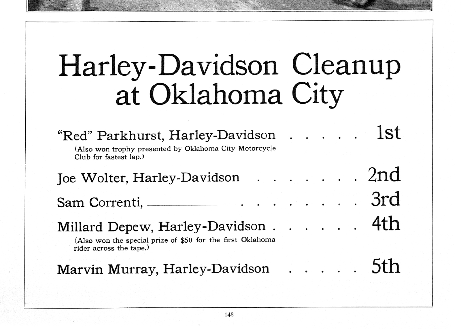 A snippet from the May 1915 issue of Harley-Davidson Dealer showing Red winning first place at a race in Oklahoma City.