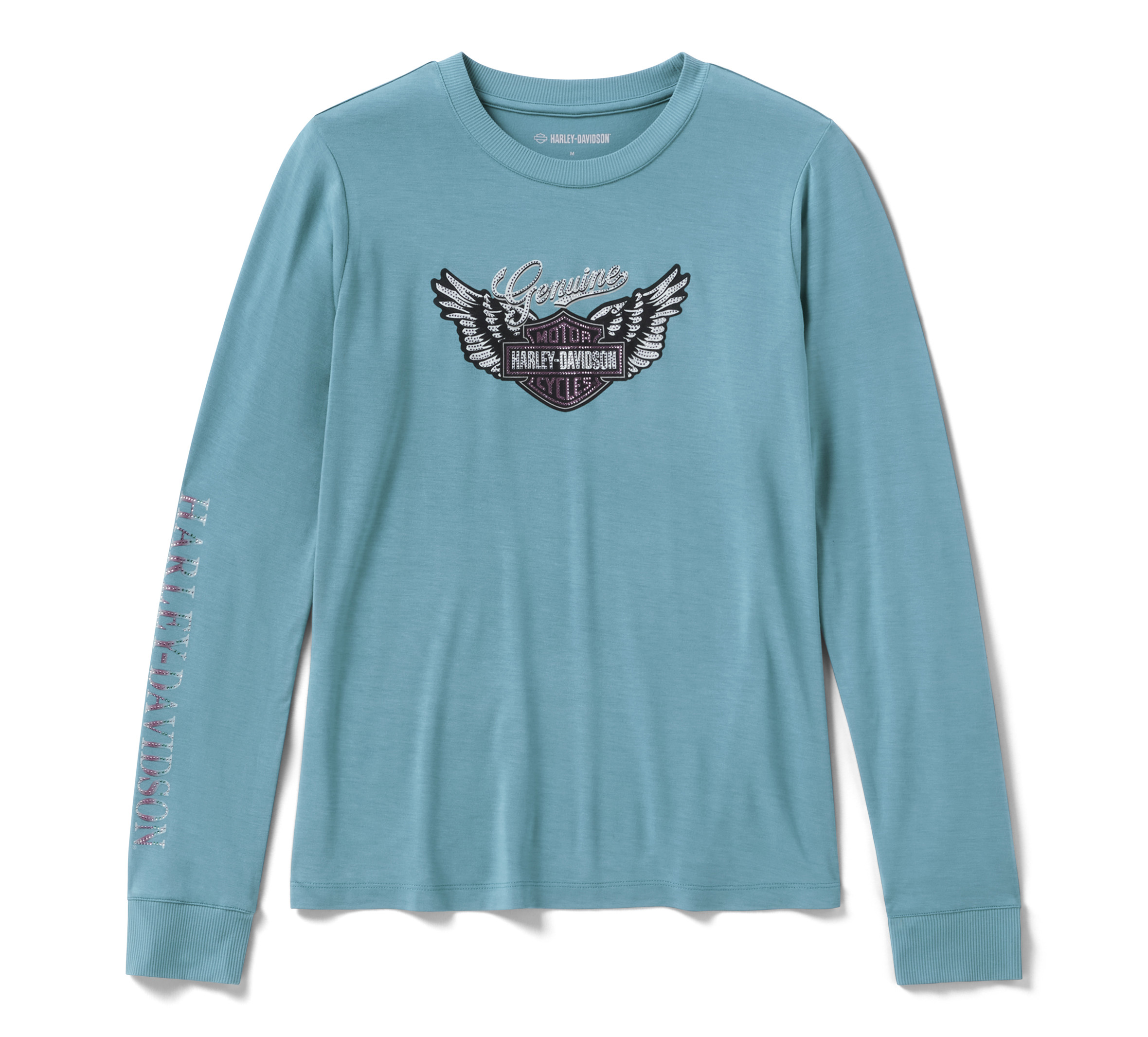 Harley-Davidson Tシャツ ライトブルー Women's Winged Bling Long Sleeve - Rustic Teal | Harley-Davidson USA