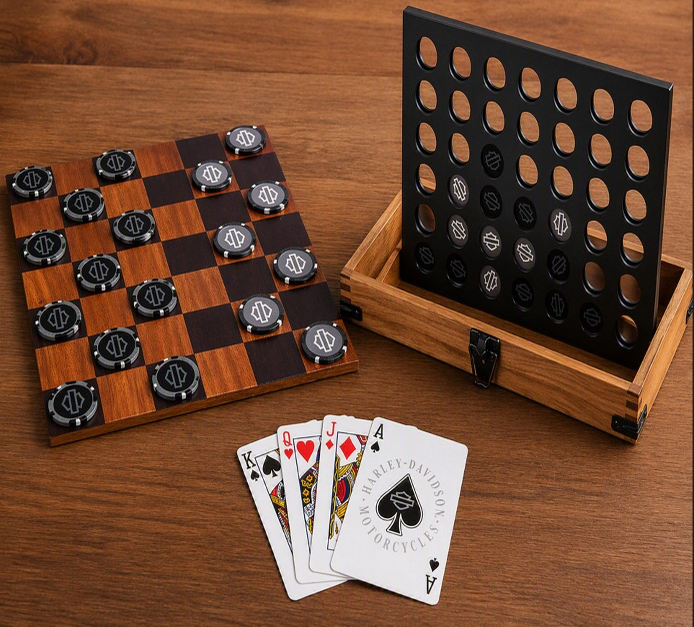 H-D Deluxe 3 in 1 Game Set Four across / Checkers / Playing cards