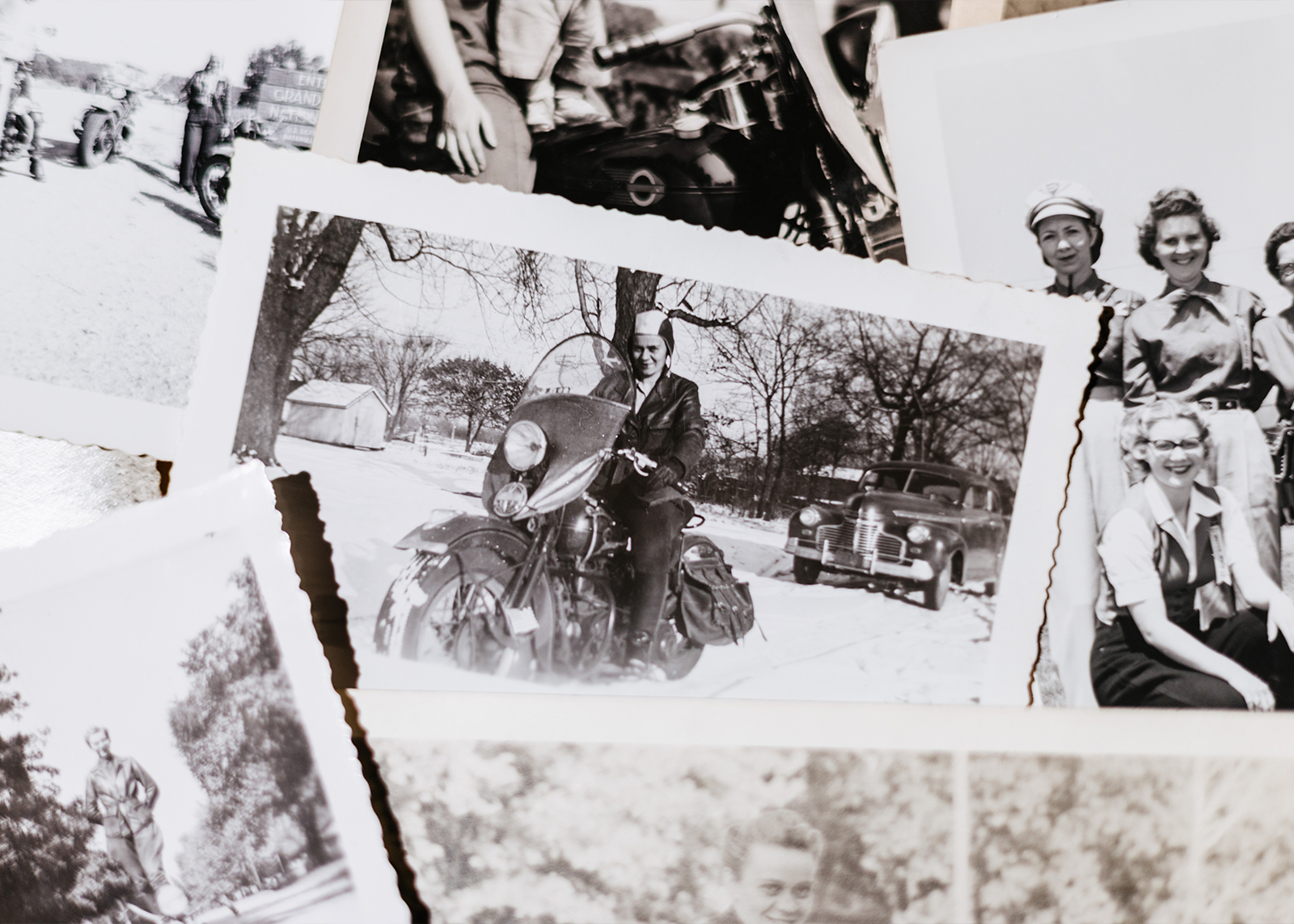 A photo of a collection of vintage Motor Maid photos showing various members and settings.