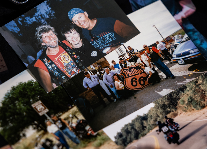 Collection of old photographs showing group snapshots, including a Phillips 66 landmark and roadside scenes