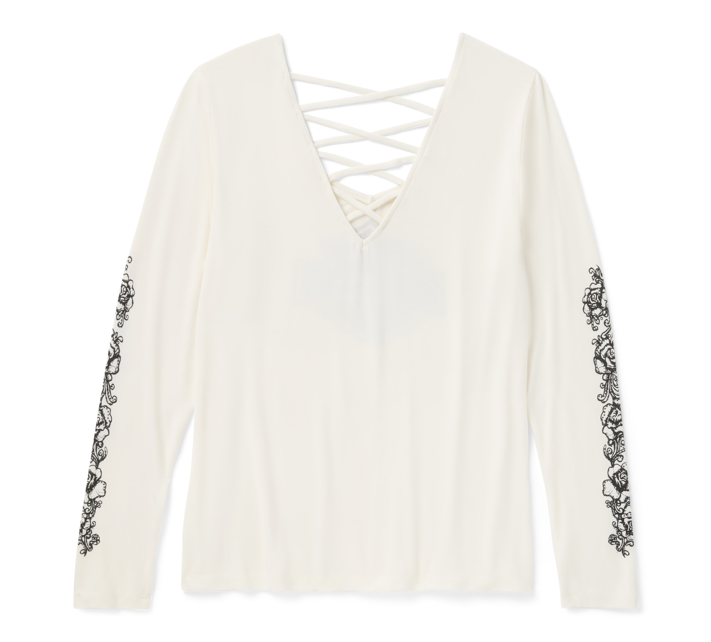 Women's Bling Chrome & Roses Long Sleeve Laced Back V Neck Tee