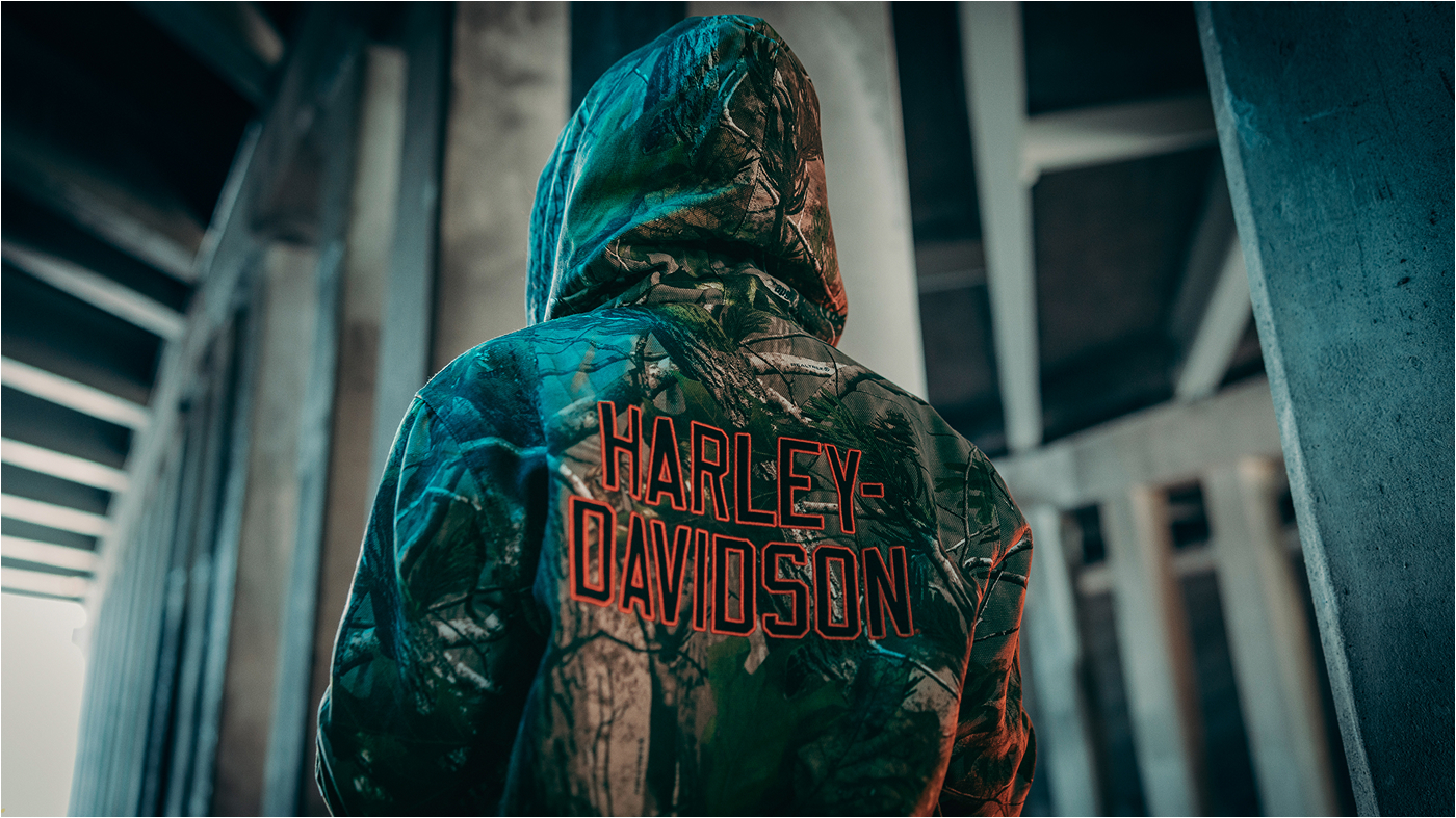 man in H-D x Realtree hoodie facing away