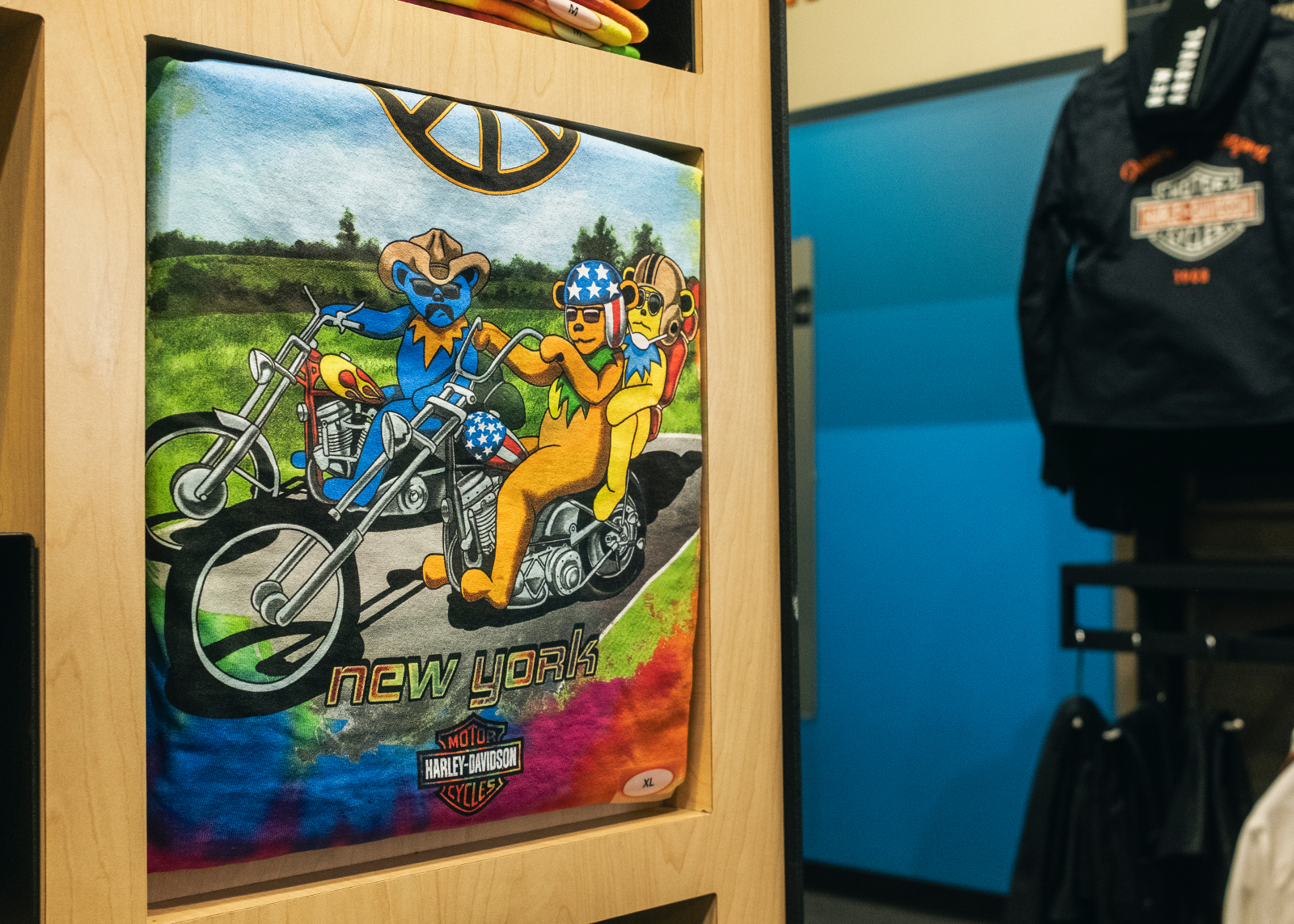 A Grateful Dead inspired t-shirt framed for sale that says New York at the bottom with the Harley-Davidson logo.