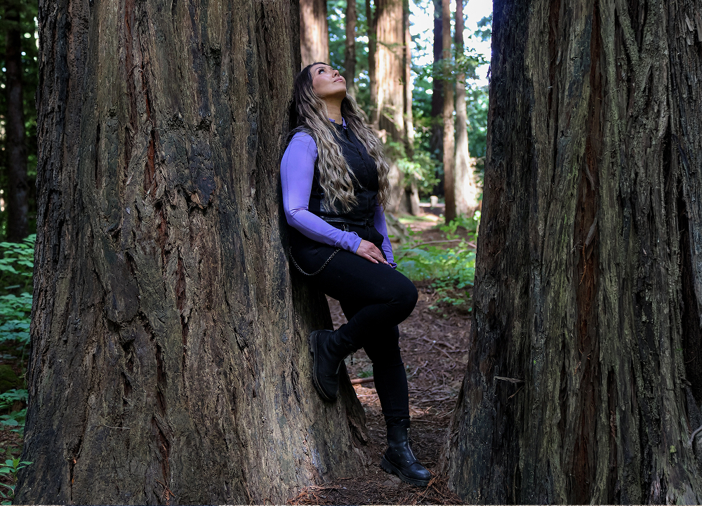 The author stands between massive redwood trees, looking upward amid the towering forest canopy