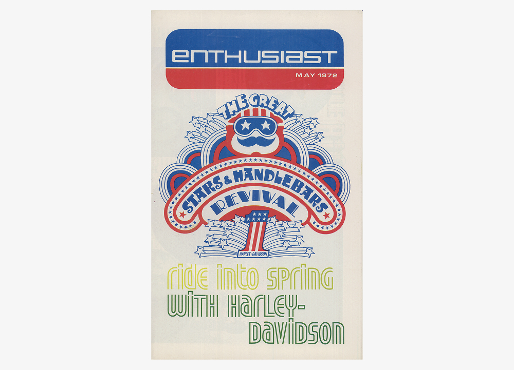 Cover of the May 1972 Enthusiast magazine featuring patriotic Harley-Davidson revival-themed artwork