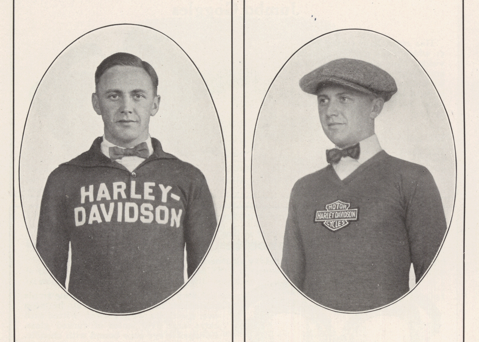 Two men pose in catalog-style photographs in H-D sweaters