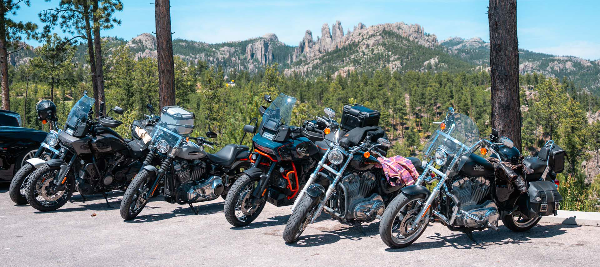 Six Harley-Davidsons parked at a mountain overlook with pine trees and rock spires in the background.