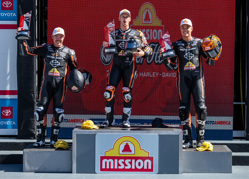 Harley-Davidson Super Hooligan riders stand in first, second, and third place on the podium