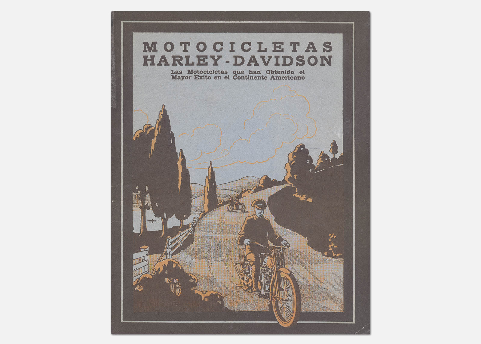 A vintage Motocicletas Harley-Davidson poster showing riders on a country road with trees, hills, and soft pastel tones.
