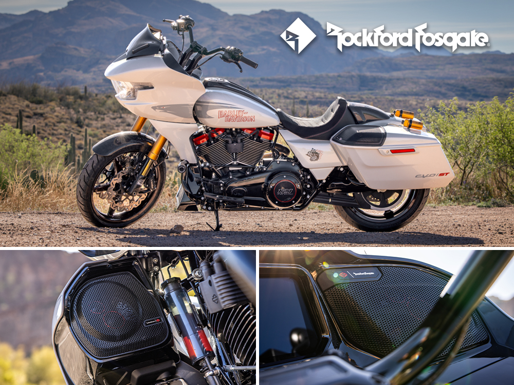 Motocicleta touring Harley-Davidson con sistema de audio Rockford Fosgate y primeros planos de detalles