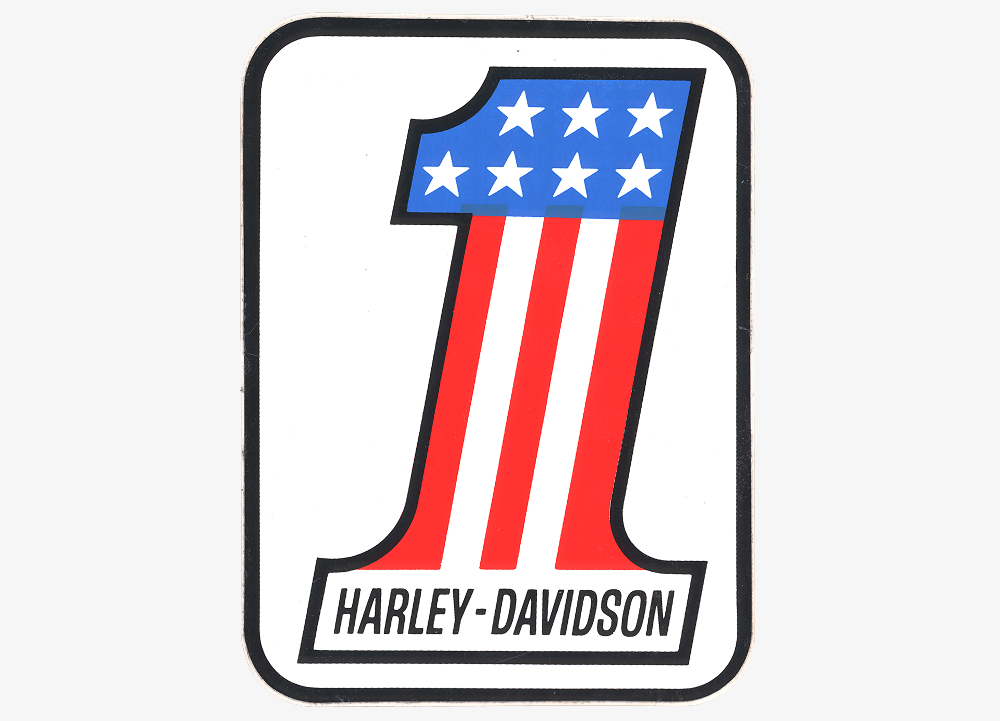 Vintage sticker of Harley-Davidson Number One logo with stars and stripes, inspired by championship racing heritage