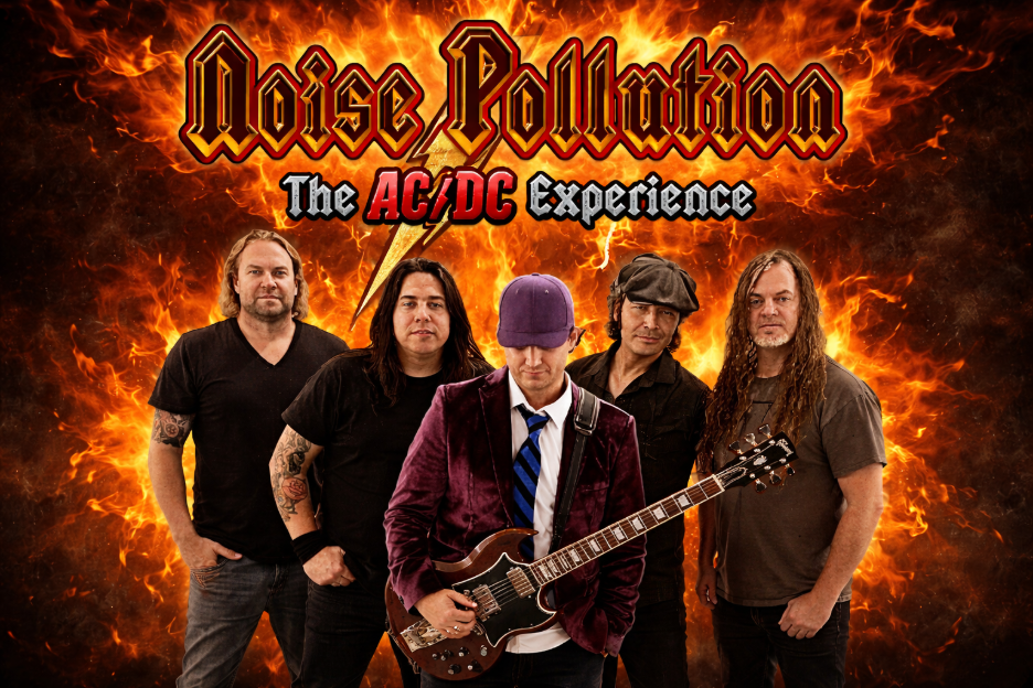 Noise Pollution AC/DCトリビュートバンドの炎の背景を持つプロモーション画像
