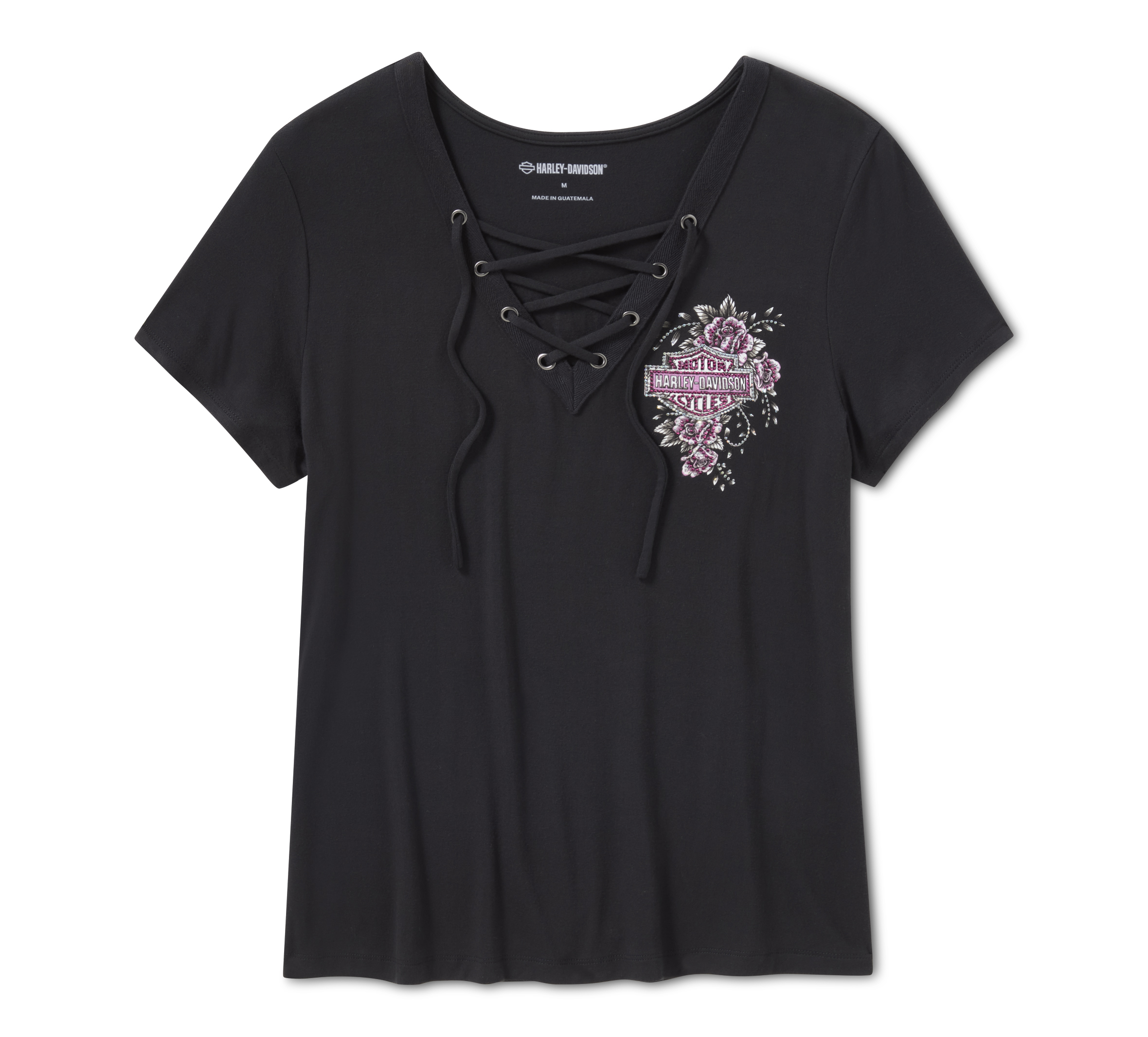 Women's Bling Angel Wings Short Sleeve Laced Front Tee - Fuchsia
